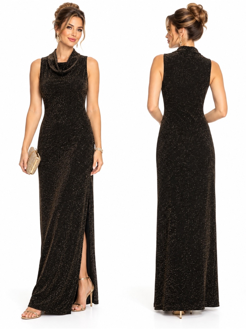 NWT Aidan Mattox Black Metallic Shimmer Maxi dress Size 8 Cowl Neck evening goth